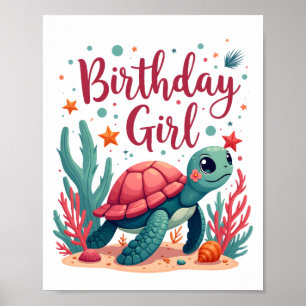 Póster Cumpleaños de la niña tema tortuga marina fiesta d