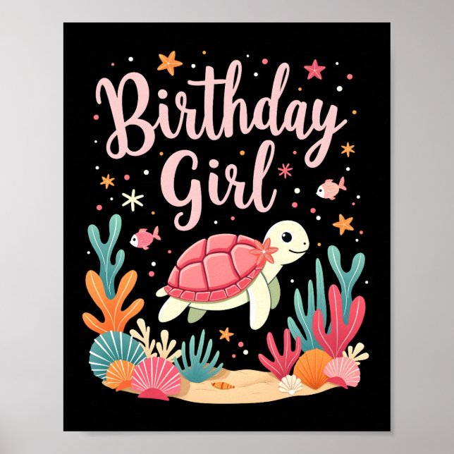 Póster Cumpleaños de la niña tortuga marina Tema Cumpleañ (Frente)