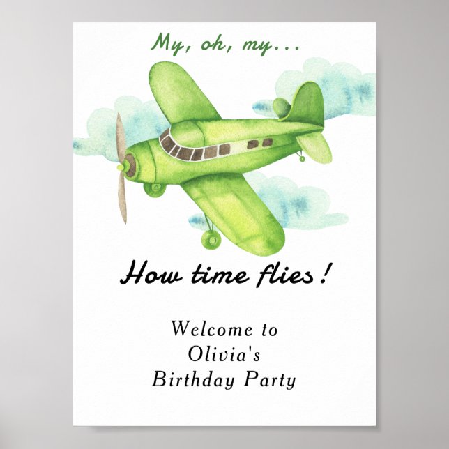 Póster Cumpleaños de los niños del avión acuarela (Frente)