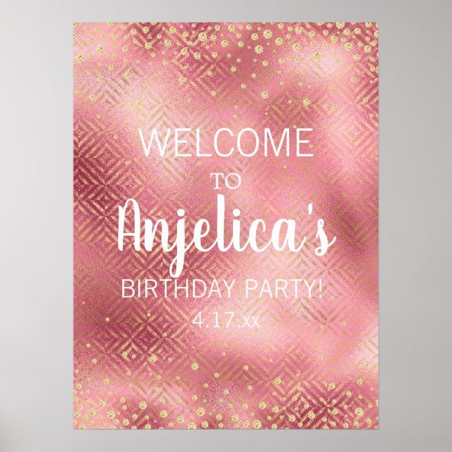 Póster Cumpleaños de niña con brillo de oro rosa (Frente)