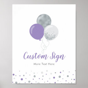 Póster Cumpleaños de niña con globos plateados y morados 