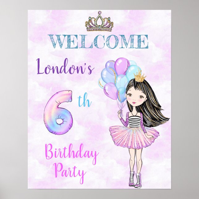 Póster Cumpleaños de niña de 6 años Princesa Lavanda Turq (Frente)