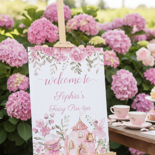 Póster Cumpleaños de niña hada de té con flores rosadas