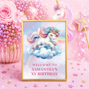 Póster Cumpleaños de niña unicornio rosa púrpura brillant