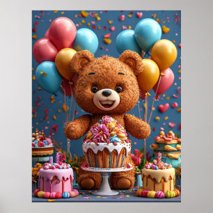 Póster Cumpleaños de Osito de Peluche con Torta y Globos 
