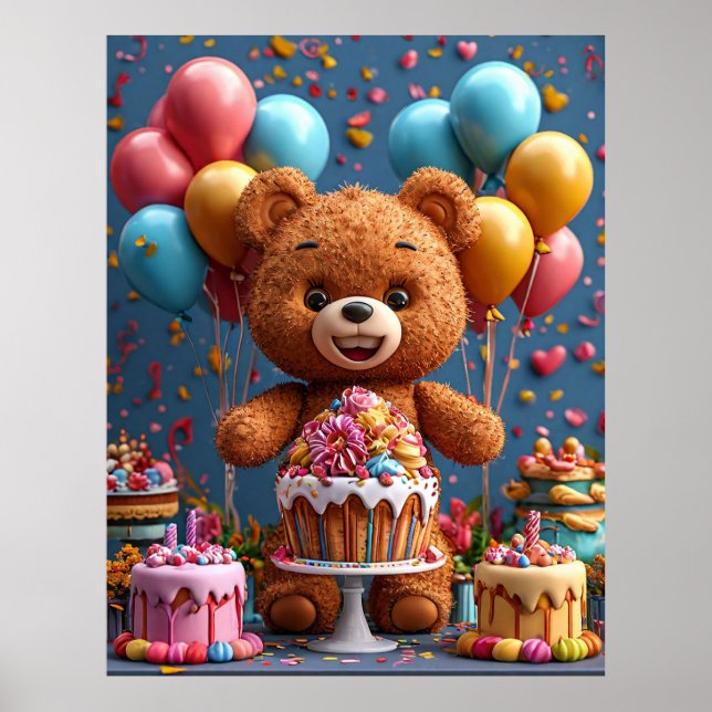Póster Cumpleaños de Osito de Peluche con Torta y Globos  (Frente)