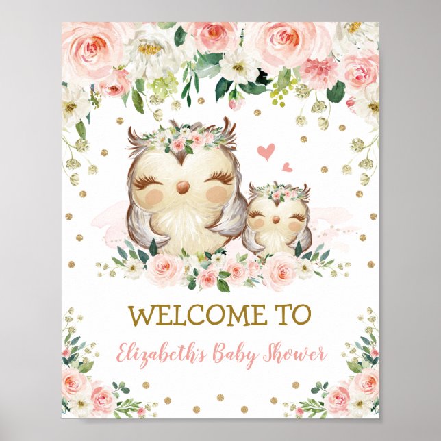 Póster Cumpleaños de Rubor Floral Woodland Owl Baby Showe (Frente)