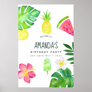 Póster Cumpleaños de verano con acuarela tropical