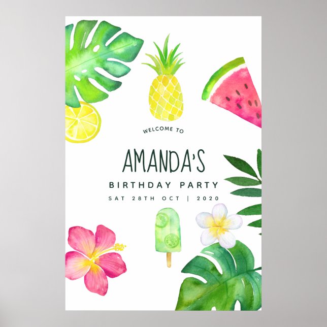 Póster Cumpleaños de verano con acuarela tropical (Frente)