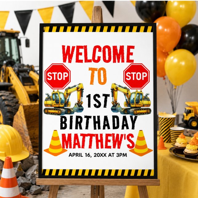 Póster Cumpleaños del camión de volteo de construcción 1e (Construction Dump Truck 1st Birthday Party Poster)