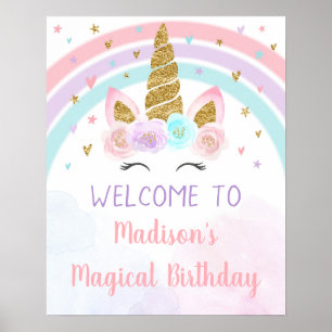 Póster Cumpleaños del oro rosa del arcoiris de Unicornio
