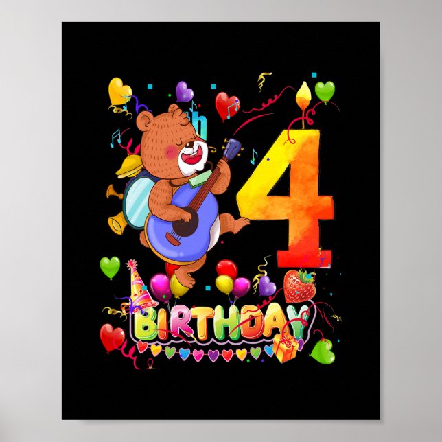 Póster Cumpleaños del Oso Niños de 4 Años Cumpleaños del  (Frente)