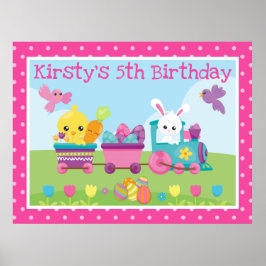 Póster Cumpleaños del tren de conejito lindo, pollito y h