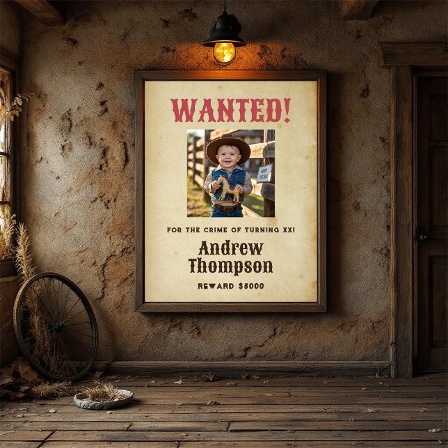 Póster Cumpleaños Deseado Vaquero del Oeste (Western Cowboy Birthday Wanted Poster)