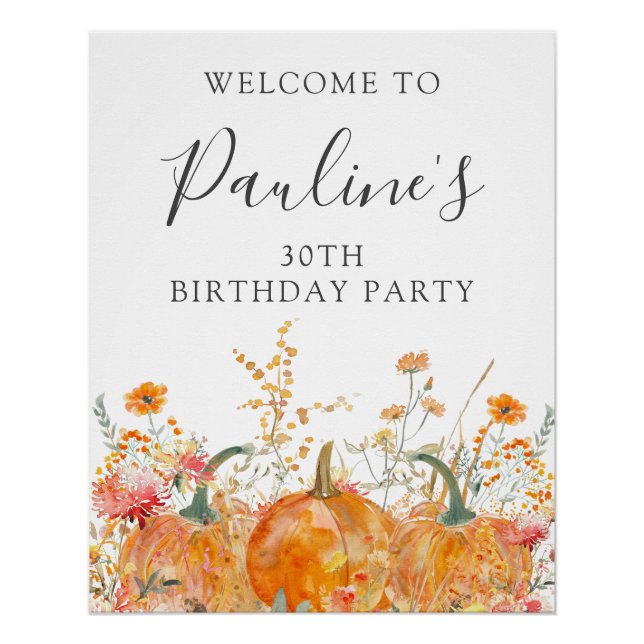 Póster Cumpleaños digital 30 calabaza bienvenida Wildflow (Anverso)