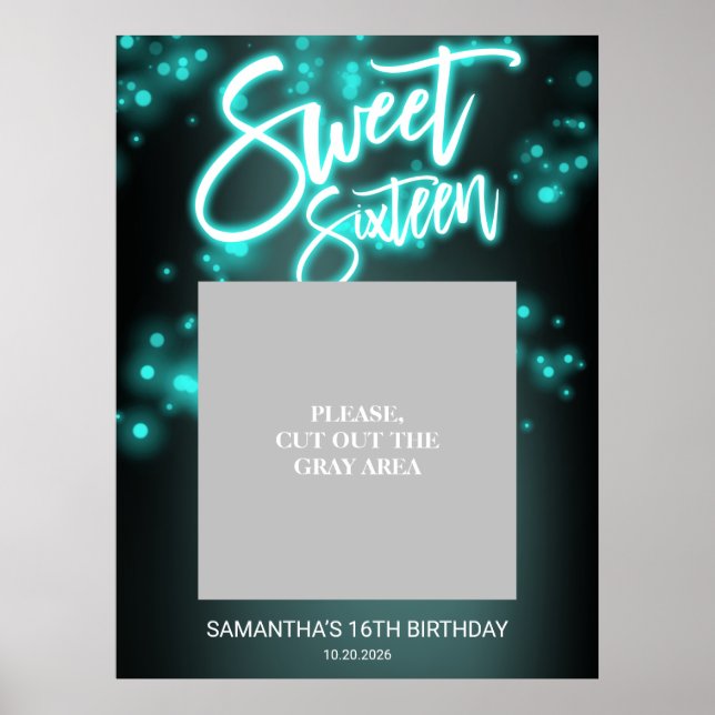 Póster Cumpleaños Dulces 16 Fiesta Neon Teal Brillo Oscur (Frente)