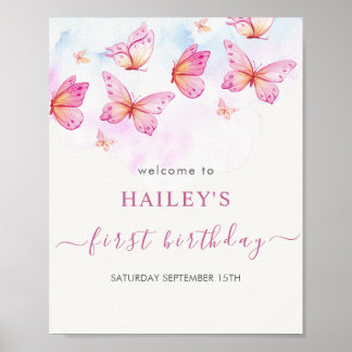 Póster Cumpleaños Elegante Mariposa Aquarela Niña 1er