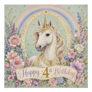 Póster Cumpleaños elegante unicornio arcoíris 4 años