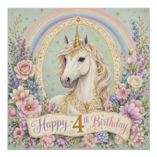 Póster Cumpleaños elegante unicornio arcoíris 4 años (Anverso)