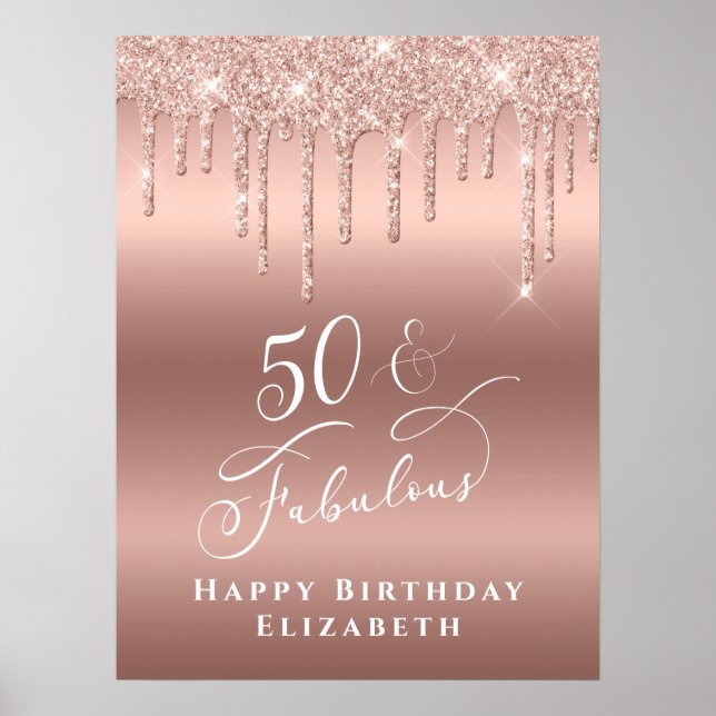 Póster Cumpleaños fabuloso 50 de Rose Gold Glitter (Frente)