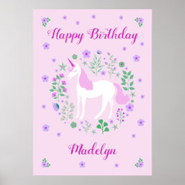 Póster Cumpleaños Feliz de Unicornio Rosa