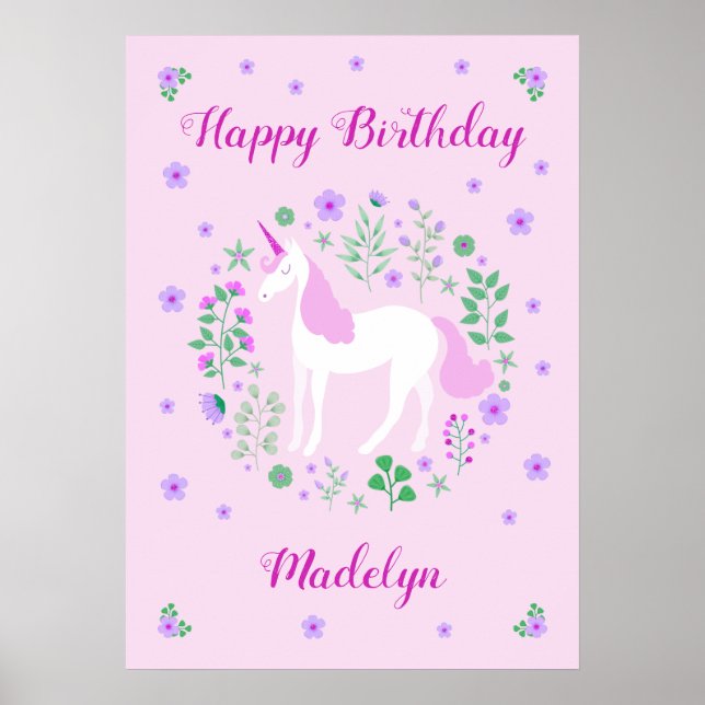 Póster Cumpleaños Feliz de Unicornio Rosa (Frente)