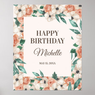 Póster Cumpleaños Feliz Fiesta Floral Rosa Melocotón Blan