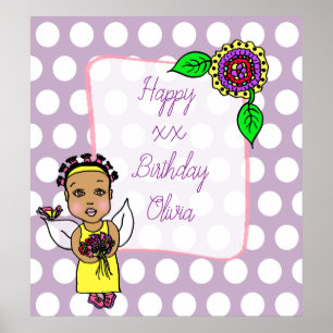 Póster Cumpleaños Feliz Hada Afroamericana Linda