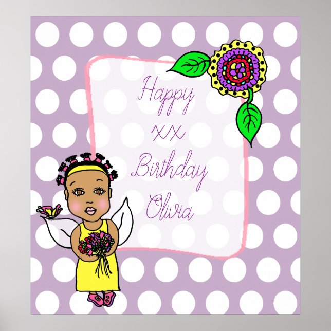 Póster Cumpleaños Feliz Hada Afroamericana Linda (Frente)