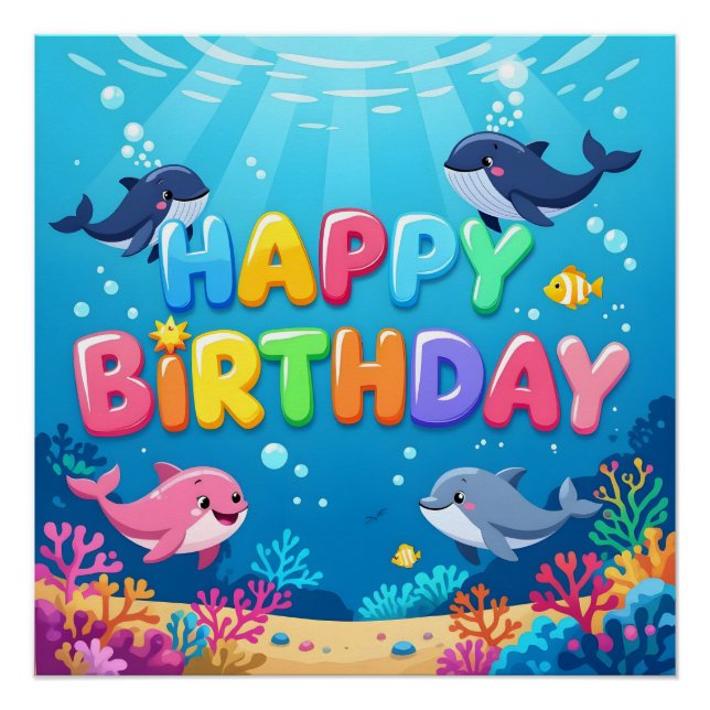Póster Cumpleaños feliz lindo delfín náutico (Anverso)