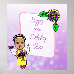 Póster Cumpleaños Feliz Niña Hada Afroamericana Linda