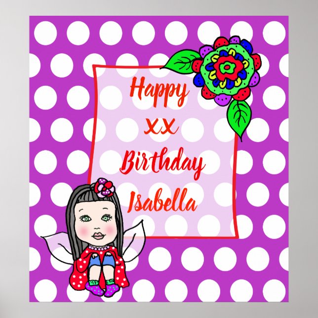Póster Cumpleaños Feliz Niña Hada Caucásica Adorable (Frente)