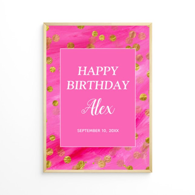Póster Cumpleaños Feliz Nombre Fecha Brillo Dorado Rosa B (Pink and gold glitter custom birthday party poster)