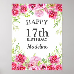 Póster Cumpleaños Feliz Verde Floral Rosa Blanco