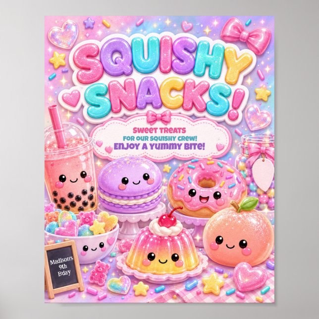 Póster Cumpleaños Fiesta Brillo Arcoíris Snacks Squishy  (Frente)