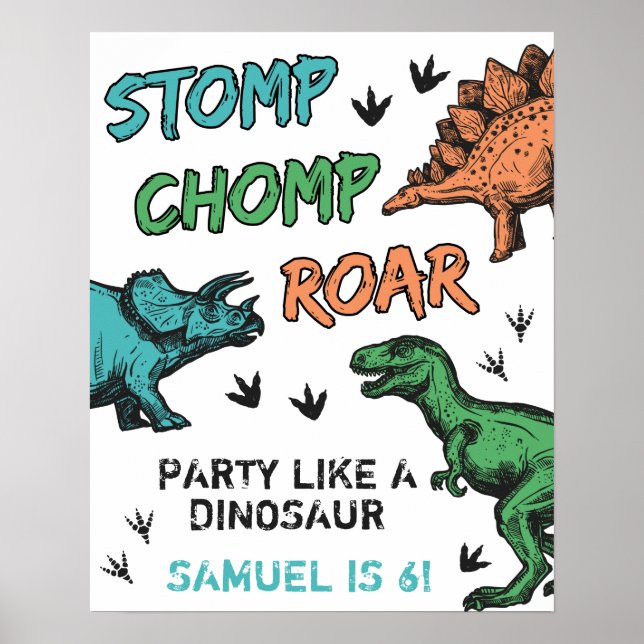 Póster Cumpleaños Fiesta de Dinosaurios que Pisan y Rugen (Frente)