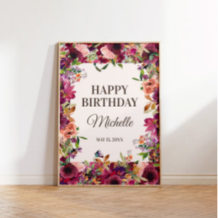 Póster Cumpleaños Fiesta Rosa Rubor Borgoña Feliz