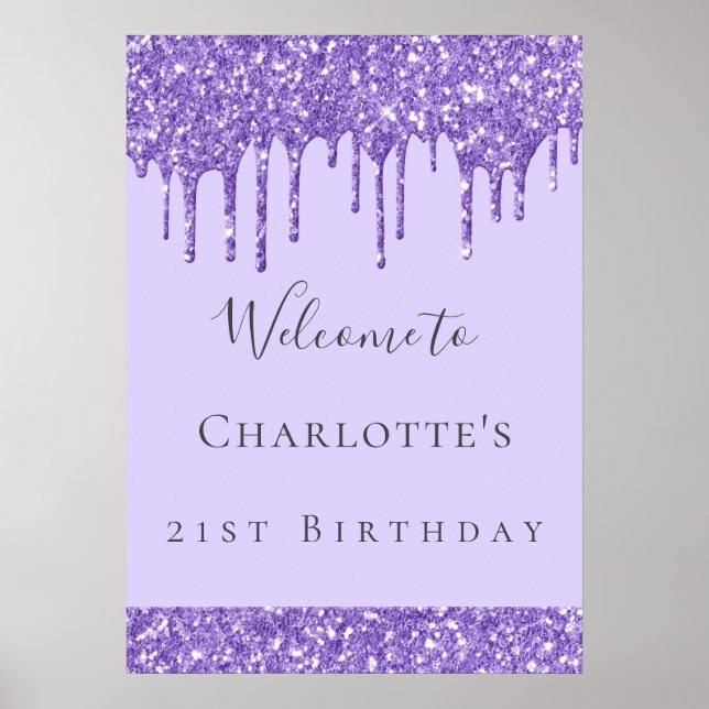 Póster Cumpleaños fiesta violeta lavanda brillo nombre (Frente)