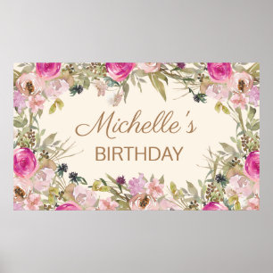 Póster Cumpleaños Floral Acuarela Rosa Nombre