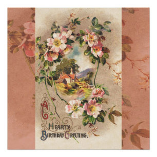 Póster Cumpleaños Floral Campestre Victoriano Antiguo sig