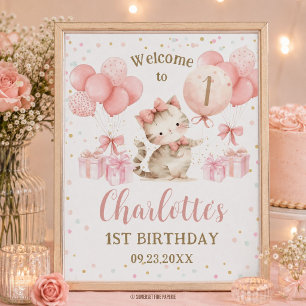 Póster Cumpleaños gatito adorable globos rosados 1er 2do