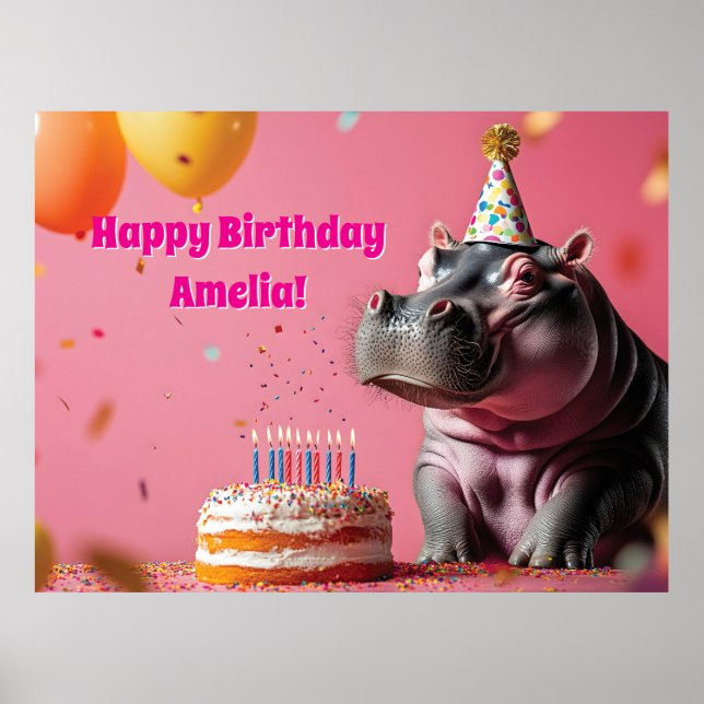 Póster Cumpleaños Hippo con pasteles y globos (Frente)