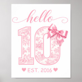 Póster Cumpleaños Hola 10 | Rosa Hola 10 Año Personalizad