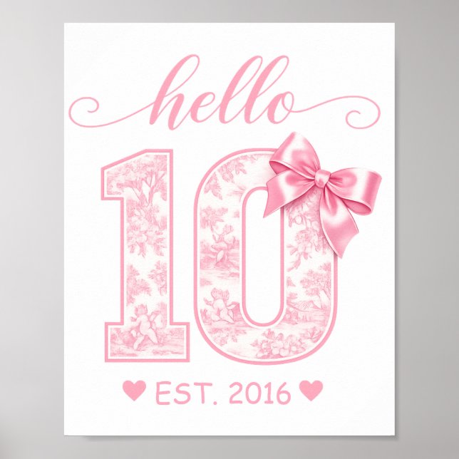 Póster Cumpleaños Hola 10 | Rosa Hola 10 Año Personalizad (Frente)