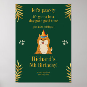 Póster Cumpleaños infantil de cachorro verde dorado