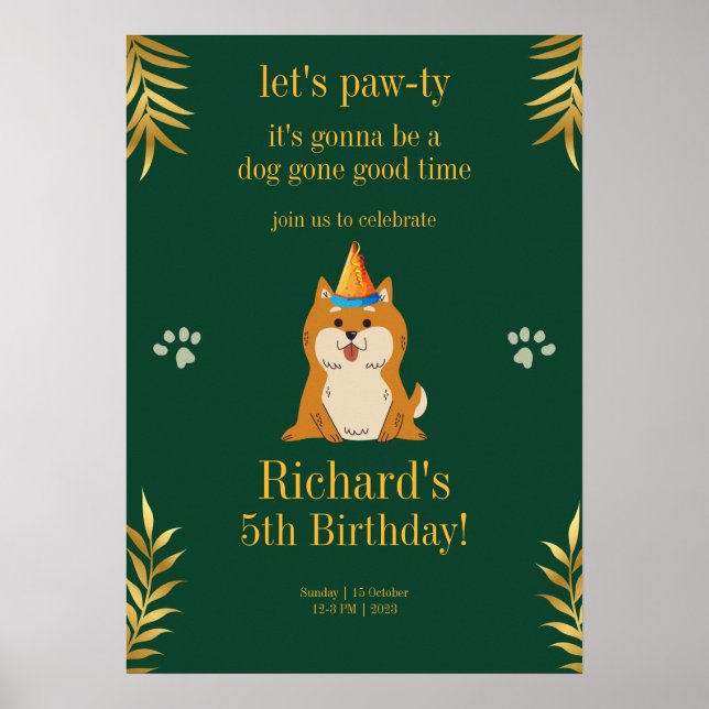 Póster Cumpleaños infantil de cachorro verde dorado (Frente)