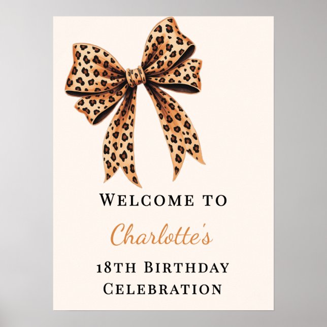 Póster Cumpleaños lazo leopardo marrón crema bienvenida (Frente)
