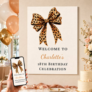 Póster Cumpleaños lazo leopardo marrón crema bienvenida
