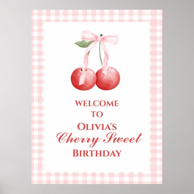 Póster Cumpleaños lazo rosa fresa dulce cereza (Frente)