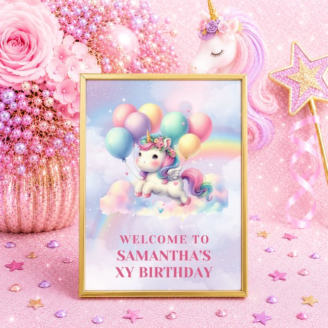 Póster Cumpleaños Mágico de Bienvenida de Unicornio Paste (Cute Pastel Unicorn Girl Birthday Magical Welcome)